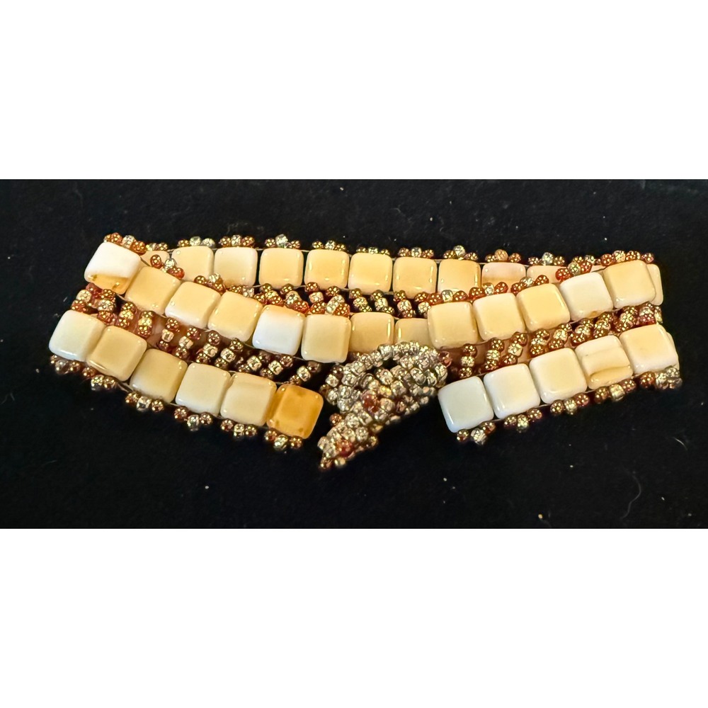 Handmade 7" Beaded Bracelet Cream Earthy Glass Tile Toggle Boho Western Chic